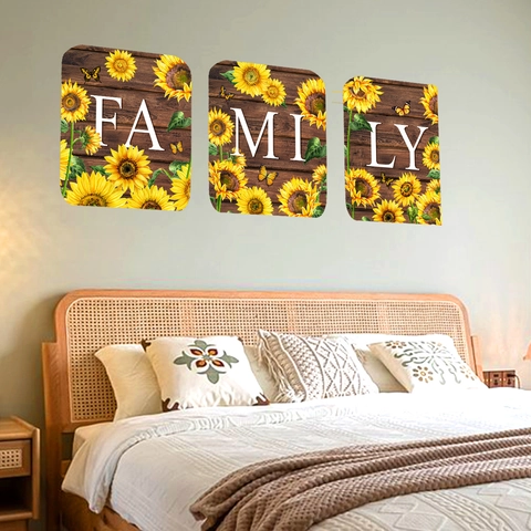 Sunflower Family Letter Wall Stickers Butterfly Wood Grain Texture PVC Home Decor Mural Decals For Living Room
