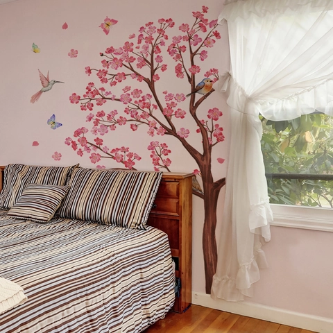 Rosa Kirschblütenbaum Wandtattoos Mit Vögel Schmetterlinge Muster PVC Selbstklebend Wandaufkleber Für Schlafzimmer Deko
