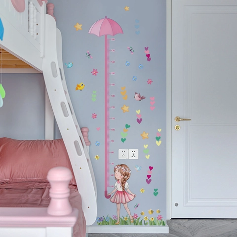 Cartoon Mädchen Mit Regenschirm Herz Blumen Größenmesser Wandaufkleber Für Kinderzimmer PVC Wachstumstabelle Home Decor Abnehmbar