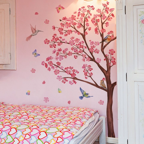 Adesivi Murali Ramo Albero Fiori Rosa Con Uccelli E Farfalle Decalcomanie Da Parete Moderne PVC Per Soggiorno Camera Da Letto