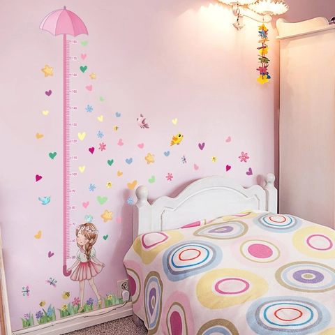 Cartoon Mädchen Mit Regenschirm Herz Blumen Größenmesser Wandaufkleber Für Kinderzimmer PVC Wachstumstabelle Home Decor Abnehmbar