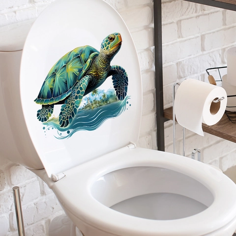 Autocollant Couvercle De Toilette Tortue Marine Colorée PVC Imperméable Auto-Adhésif Thème Océan Décoration De Salle De Bain