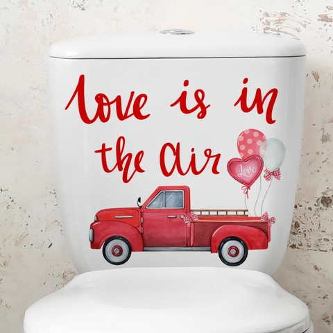 Valentine Toilettenaufkleber Love Is In The Air Roter LKW Herzballons PVC Selbstklebend Badezimmer Deko Wandbild