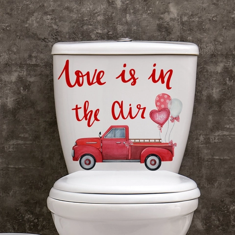 Valentine Toilettenaufkleber Love Is In The Air Roter LKW Herzballons PVC Selbstklebend Badezimmer Deko Wandbild