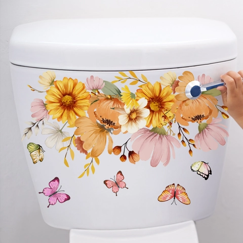 Sticker Toilette Fleurs Papillon PVC Imperméable Amovible Auto-adhésif Décoration Salle De Bain Mural Floral
