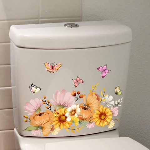 Sticker Toilette Fleurs Papillon PVC Imperméable Amovible Auto-adhésif Décoration Salle De Bain Mural Floral