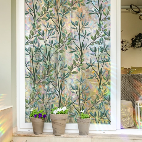 Regenbogen Prisma Fensterfolie Retro Grüne Pflanzenranke Buntglas Aufkleber Sichtschutz Dekorative Sonnenschutz Haftung Für Haus Büro