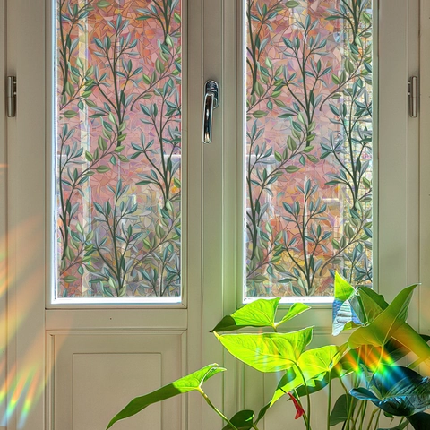 Grüne Pflanzenranken Regenbogen Fensterfolie 3D Dekorativ Privatsphäre Mattierte Glasaufkleber Statische Haftung Für Badezimmer