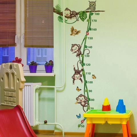 Cartoon Monkey Tree Branch Vine Height Chart Wall Sticker PVC Removable Nursery Decor For Kids Room Growth Measurement