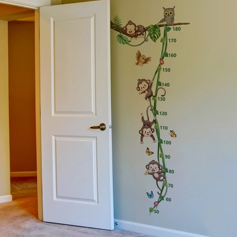 Cartoon Monkey Tree Branch Vine Height Chart Wall Sticker PVC Removable Nursery Decor For Kids Room Growth Measurement