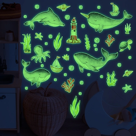 Leuchtende Ozean Wal Wandaufkleber Glow In The Dark Meerestiere Aufkleber Für Kinderzimmer Deko PVC Selbstklebend