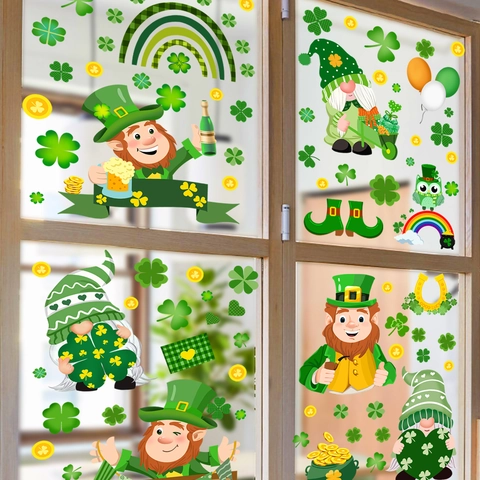 Autocollants Fenêtre St Patricks Day Gnomes Trèfle Pièces Or Arc-en-ciel PVC Vert Décoration Murale Verre Maison