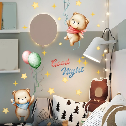 Stickers Muraux Phosphorescents Ours Dessin Animé Ballon Étoiles Autocollants PVC Lumineux Déco Chambre Enfant Style Animal Mignon Amovible