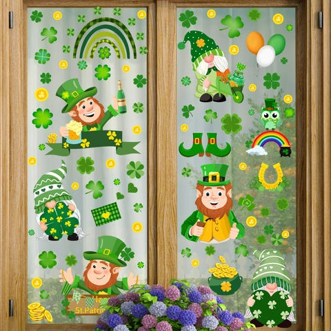 Autocollants Fenêtre St Patricks Day Gnomes Trèfle Pièces Or Arc-en-ciel PVC Vert Décoration Murale Verre Maison