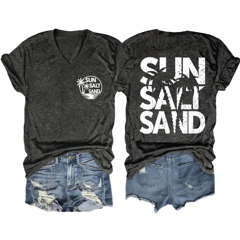 T-Shirt Con Scollo A V Da Donna E Pantaloncini Di Jeans Distressed Estate Casual Spiaggia Stampa Lettere Palma Cotone Poliestere