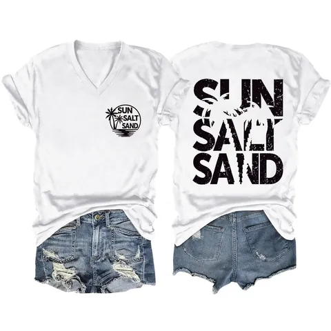 T-Shirt Con Scollo A V Da Donna E Pantaloncini Di Jeans Distressed Estate Casual Spiaggia Stampa Lettere Palma Cotone Poliestere