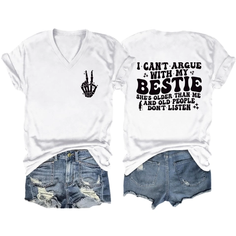 Maglietta Donna Scollo V E Pantaloncini Denim Stampa Grafica Umoristica Mano Scheletro Vestibilità Morbida Casual Estate Streetwear