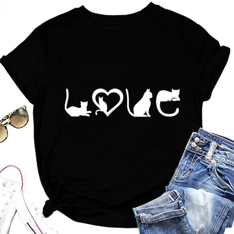 T-Shirt Da Donna In Misto Cotone Casual Grafica Gatto Cuore Love Girocollo Manica Corta Streetwear Top