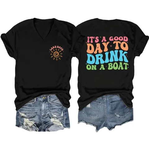 T-Shirt Femmes Col V Manches Courtes Imprimé Graphique Vintage Mélange Coton Été Décontracté Lake Days Haut