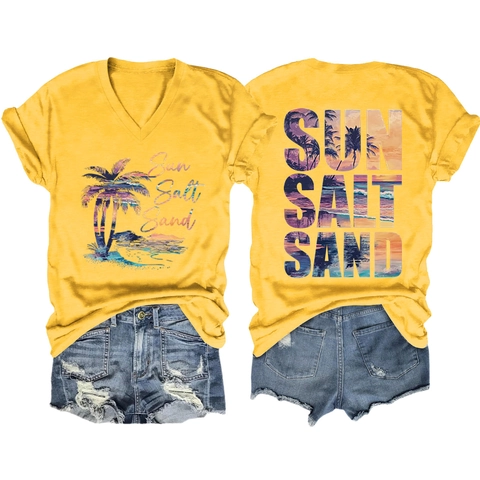 Damen T-Shirt Mit V-Ausschnitt Baumwollmischung Tropischer Palmenstranddruck Sun Salt Sand Kurzarm Lose Lässige Strand Oberteile