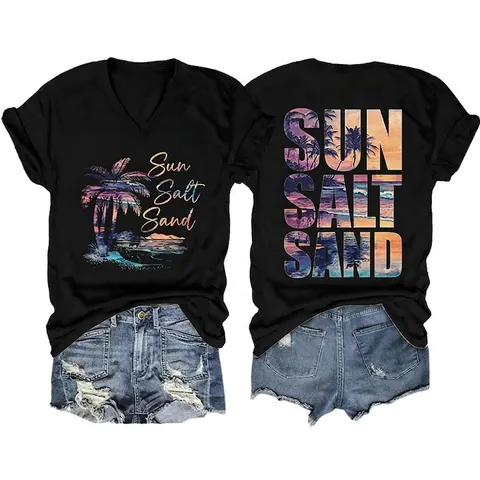 Damen T-Shirt Mit V-Ausschnitt Baumwollmischung Tropischer Palmenstranddruck Sun Salt Sand Kurzarm Lose Lässige Strand Oberteile