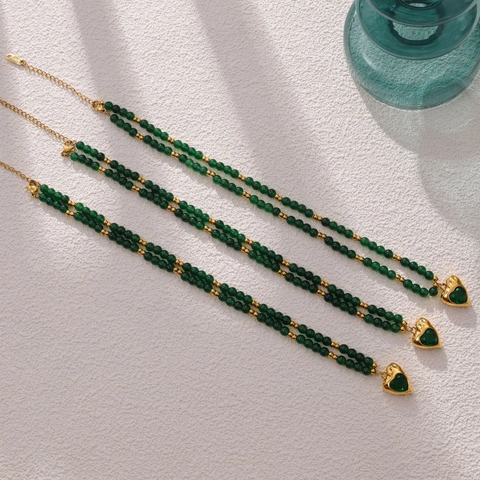 Heart Pendant Necklace With Green Beads Titanium Steel Gold Plated Vintage Bohemian Minimalist Jewelry For Women Gift