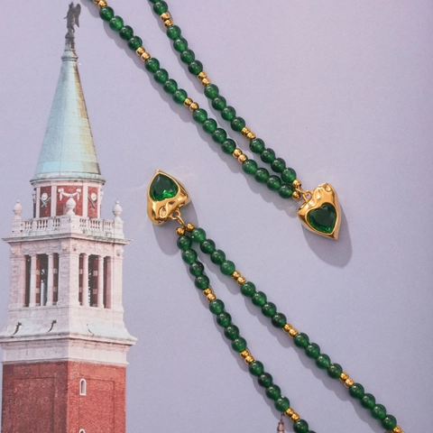 Heart Pendant Necklace With Green Beads Titanium Steel Gold Plated Vintage Bohemian Minimalist Jewelry For Women Gift