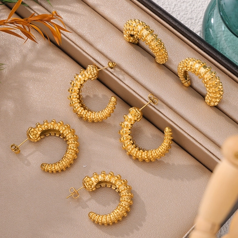Irregular C-Shaped Hoop Earrings Gold Plated Titanium Steel Grainy Texture Geometric Retro Style Jewelry For Women
