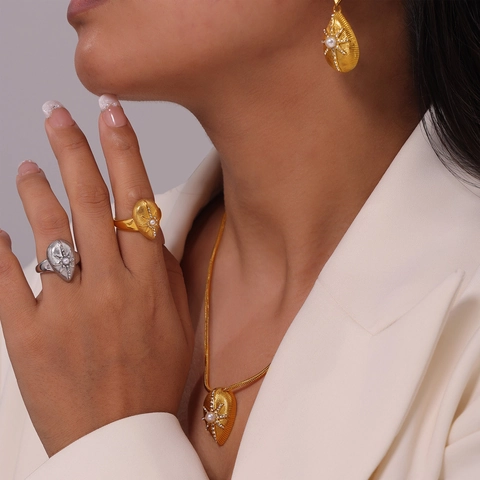 Edelstahl Wasser Tropfen Muschel Textur Sternenschliff Künstliche Perlenimitat Rheinkiesel Halskette Ohrringe Ring Vintage Luxus Damen