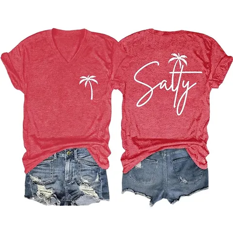 Donna Estate Spiaggia Casual Scollo A V Manica Corta Maglietta In Cotone E Pantaloncini Di Jeans Salty Palma Stampa