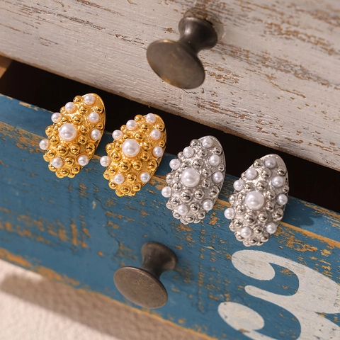 Retro Titanium Steel Imitation Artificial Pearl Stud Earrings Oval Geometric Gold Silver Earrings For Women Wedding Party Jewelry