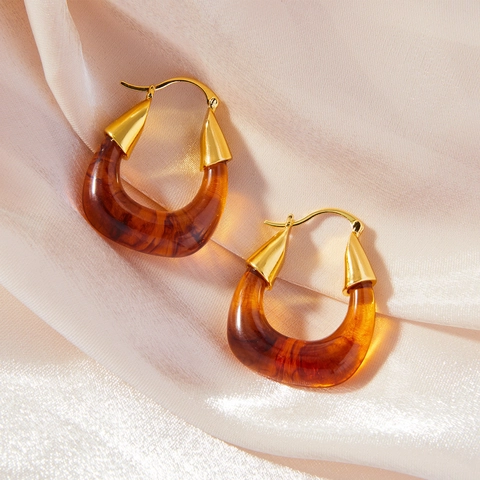 Retro U-Shaped Hoop Earrings For Women Copper And Amber Resin Geometric Minimalist Ins Style