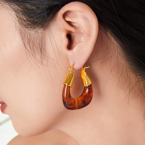 Retro U-Shaped Hoop Earrings For Women Copper And Amber Resin Geometric Minimalist Ins Style