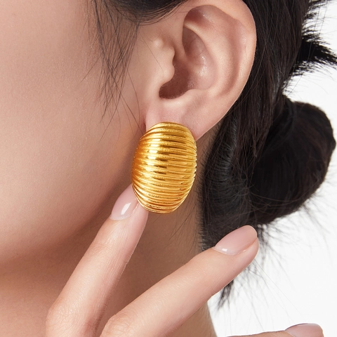 Vintage Minimalistische Titanstahl Oval Ohrstecker Mit Gerippter Textur Gold Silber Geometrischer Ohrschmuck Für Damen Party