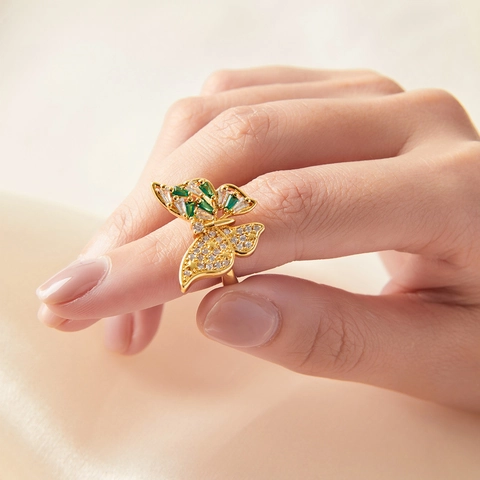 Eleganter Schmetterlings Kupferring Für Damen 18 Karat Vergoldet Zirkonia Eingelegt Verstellbarer Offener Fingerring Schmuck