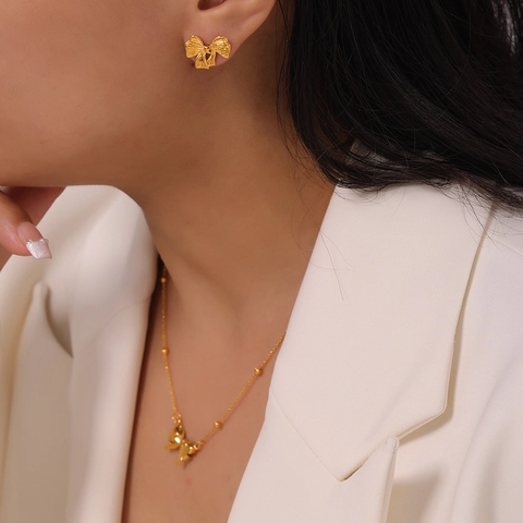 Titanstahl Schleife Schmuckset Für Damen Gold Silber Plattiert Perlenkette Und Schleife Ohrstecker Chic Mode Accessoires