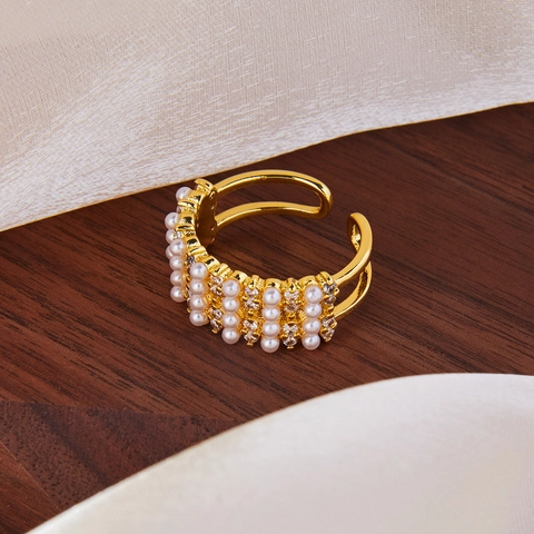 Vintage Wide Band Open Ring Copper Gold Plated With Imitation Artificial Pearls And Zircons Geometric Elegant Jewelry For Women