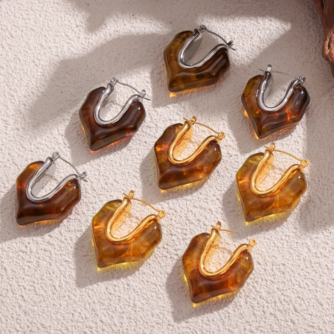 Unregelmäßige Herzform Creolen Edelstahl Bernstein Harz Französisch Vintage Klobiger Schmuck Für Frauen