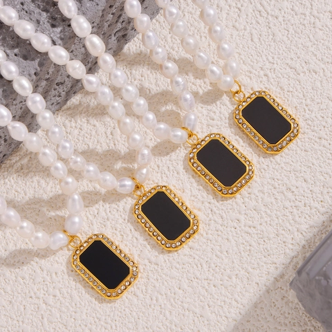 Freshwater Pearl Pendant Necklace Vintage Titanium Steel Black Rectangular Zircon Inlaid Elegant Jewelry For Women