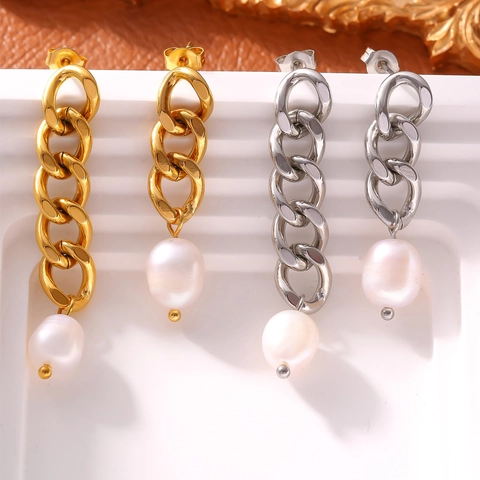 Pendientes Colgantes De Cadena Asimétricos Acero De Titanio Perla De Agua Dulce Joyería Minimalista Mujer