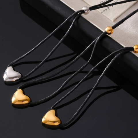 Heart Pendant Necklace Titanium Stainless Steel With Black Braided Rope Cord Minimalist Retro Fashion Jewelry For Women