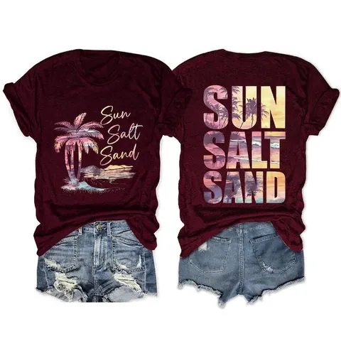 Damen Sommer Baumwollmischung T-Shirt Lässig Locker Rundhals Kurzarm Top Mit Sun Salt Sand Strand Palme Drucken Tee