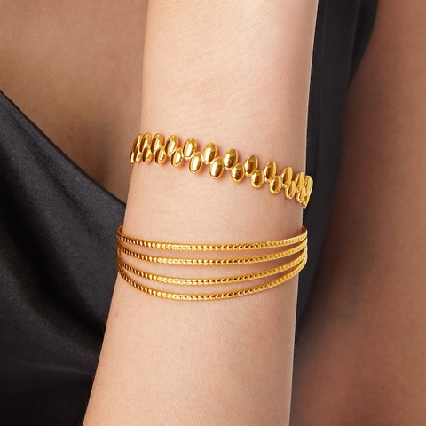 Geometrischer Offener Manschettenarmreif Titanstahl 18K Vergoldet Mehrlagig Texturiert Französisch Retro Mode Schmuck Damen