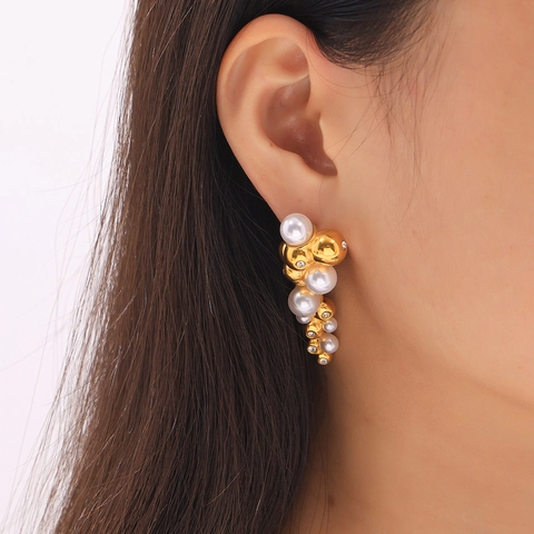 Franse Vintage Cluster Oorbellen Onregelmatig Titanium Staal 18K Verguld Met Imitatieparels En Strass Steentjes