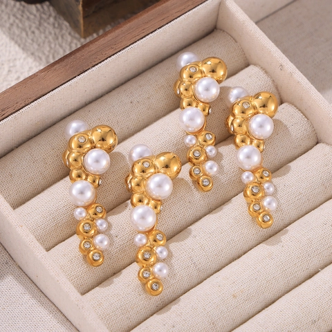 Irregular Cluster Titanium Steel Earrings With 18K Gold Plating Imitation Artificial Pearl Zirconia Geometric Dangle Earrings For Women