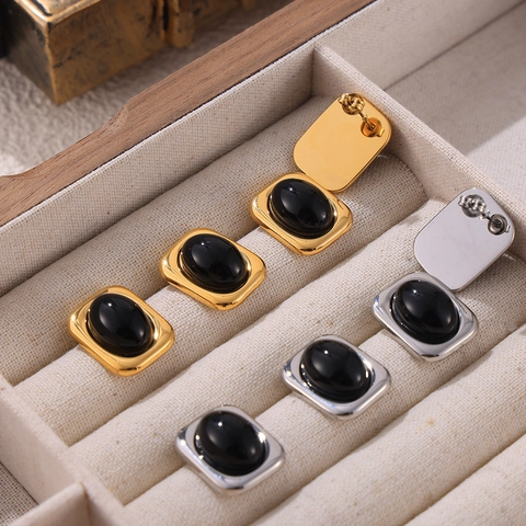 Vintage Oval Black Glass Stud Earrings Titanium Steel Geometric Frame Minimalist Luxury Fashion Jewelry For Women