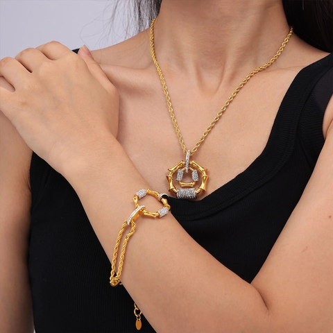 Collana E Bracciale In Acciaio Al Titanio Placcato Oro Pendente A Cerchio In Bambù Pavé Diamante Ceco Chic