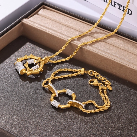 Collana E Bracciale In Acciaio Al Titanio Placcato Oro Pendente A Cerchio In Bambù Pavé Diamante Ceco Chic