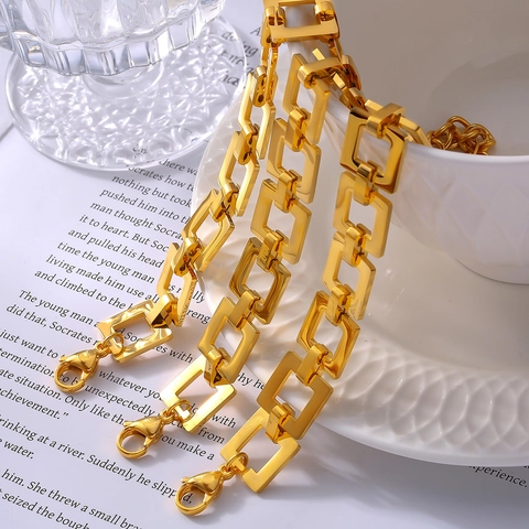 Geometric Rectangular Link Bracelet Titanium Steel Gold Plated Chic Hip Hop Style Jewelry For Women Adjustable Clasp