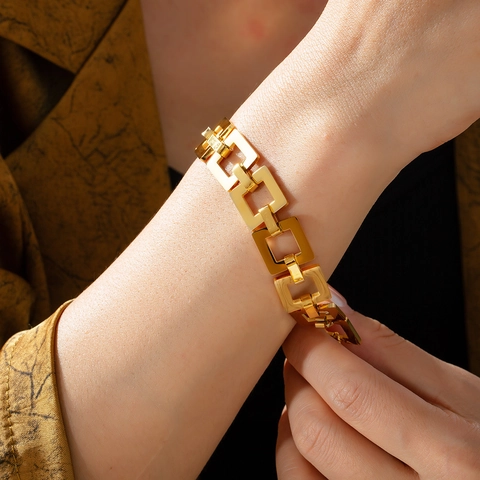 Geometric Rectangular Link Bracelet Titanium Steel Gold Plated Chic Hip Hop Style Jewelry For Women Adjustable Clasp